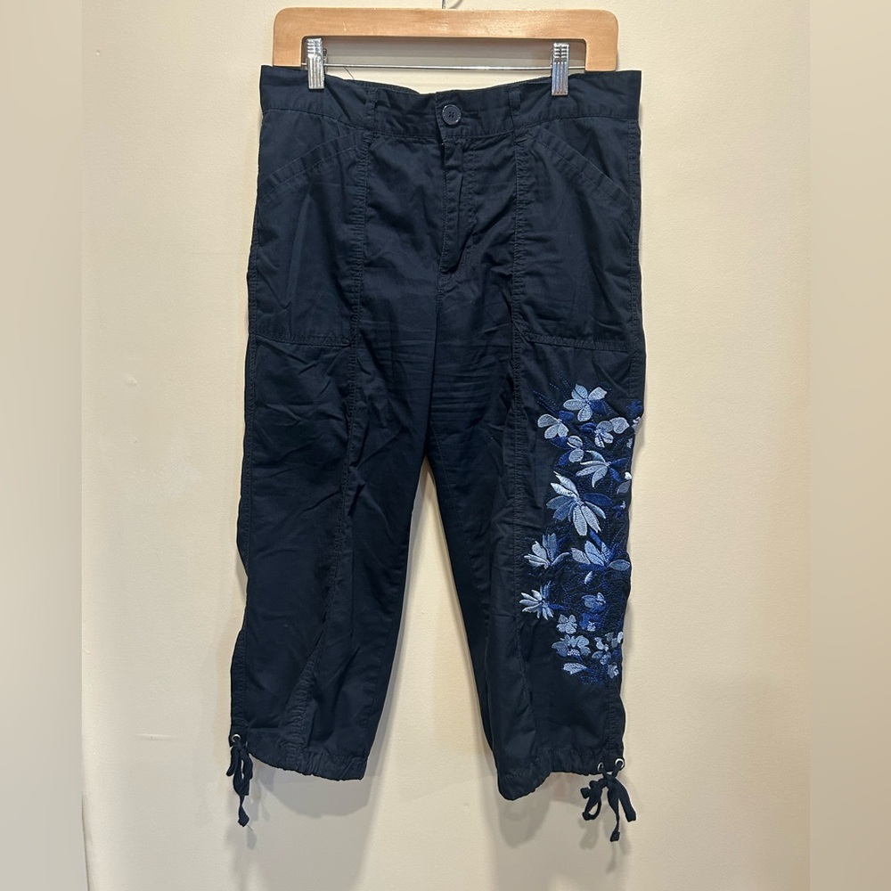 61. Basic Editions Black Cargo Pants with Blue Floral Design